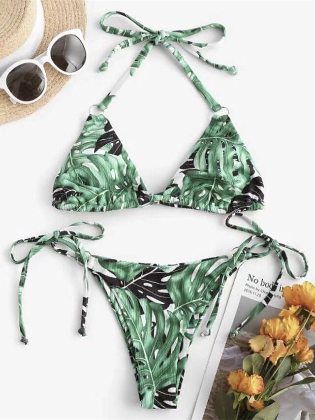 Womens Clothing Womens Swimwear | Womens Swimwear Bikini 2 Piece Normal Swimsuit Open Back Printing string Floral Tie Dye Green 