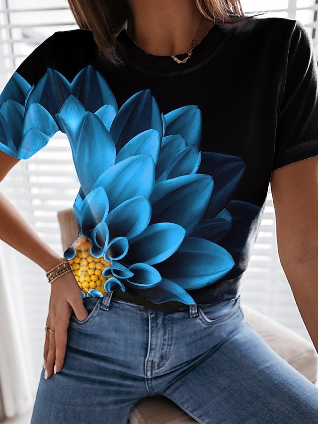  Women's Design T shirt Floral Graphic Print Round Neck Basic Tops Blue Purple Light Blue / 3D Print