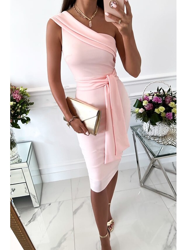 Womens Clothing Womens Dresses | Womens Sheath Dress Knee Length Dress Light Pink Green Wine Red Beige Sleeveless Pure Color Pat