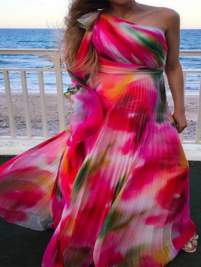 Womens Clothing Womens Dresses | Womens Swing Dress Maxi long Dress Rainbow Sleeveless Tie Dye Print Fall Summer One Shoulder Pa