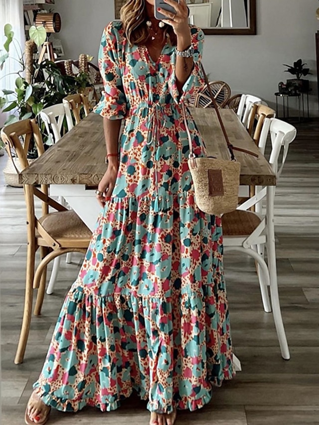 Womens Clothing Womens Dresses | Womens Swing Dress Maxi long Dress Blue Half Sleeve Floral Lace up Print Spring Summer V Neck S