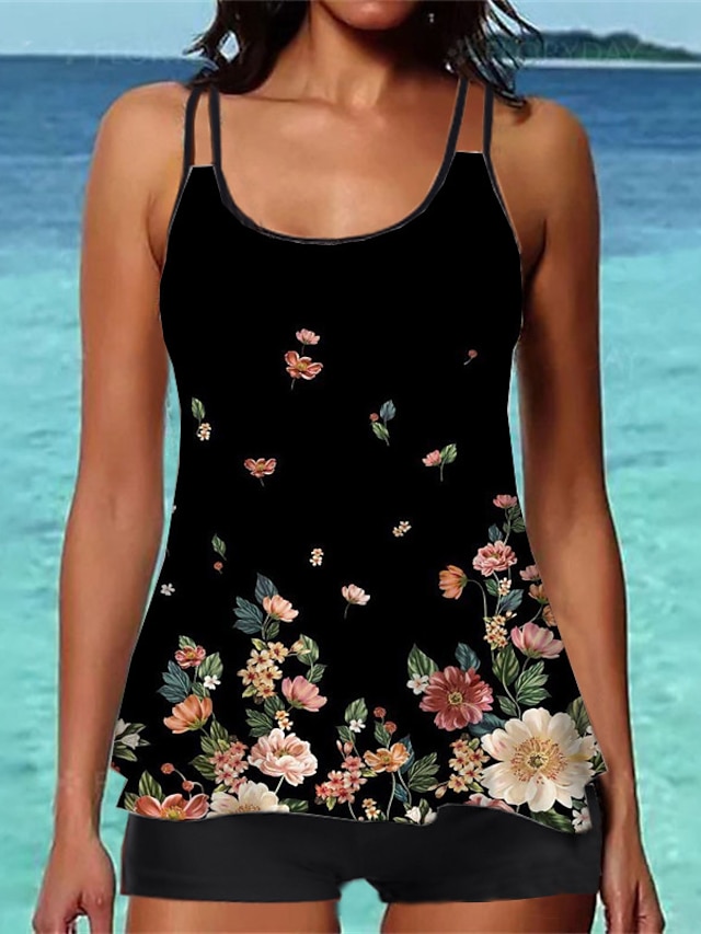 Womens Clothing Womens Swimwear | Womens Swimwear Tankini 2 Piece Normal Swimsuit Printing Floral Black Camisole Strap Bathing S