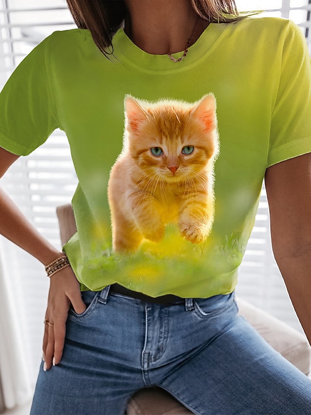  Women's 3D Cat Design T shirt Cat Graphic 3D Print Round Neck Basic Tops Green