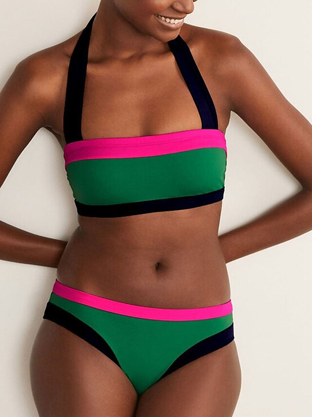 Womens Clothing Womens Swimwear | Womens Swimwear Bikini 2 Piece Normal Swimsuit Backless 2 Piece Color Block Green Halter Bathi