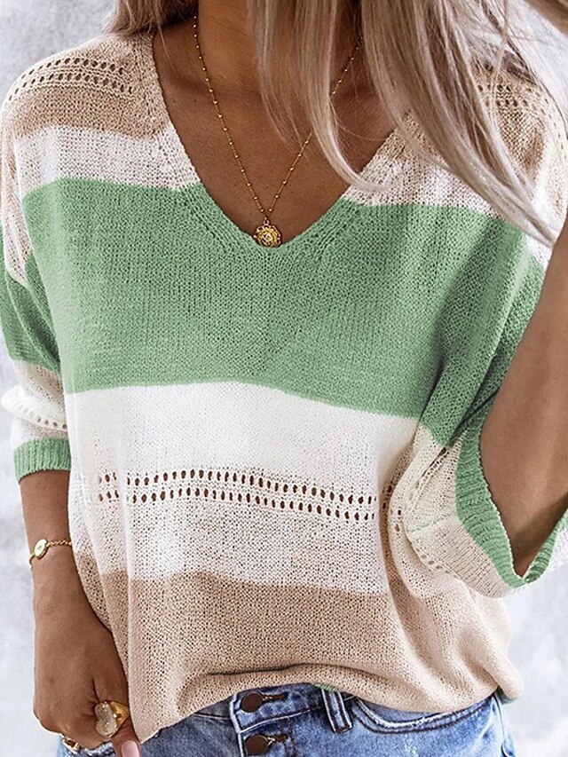 Womens Clothing Sweaters & Cardigans | Womens Pullover Sweater Jumper Knit Knitted Hole Striped V Neck Stylish Casual Daily Holi