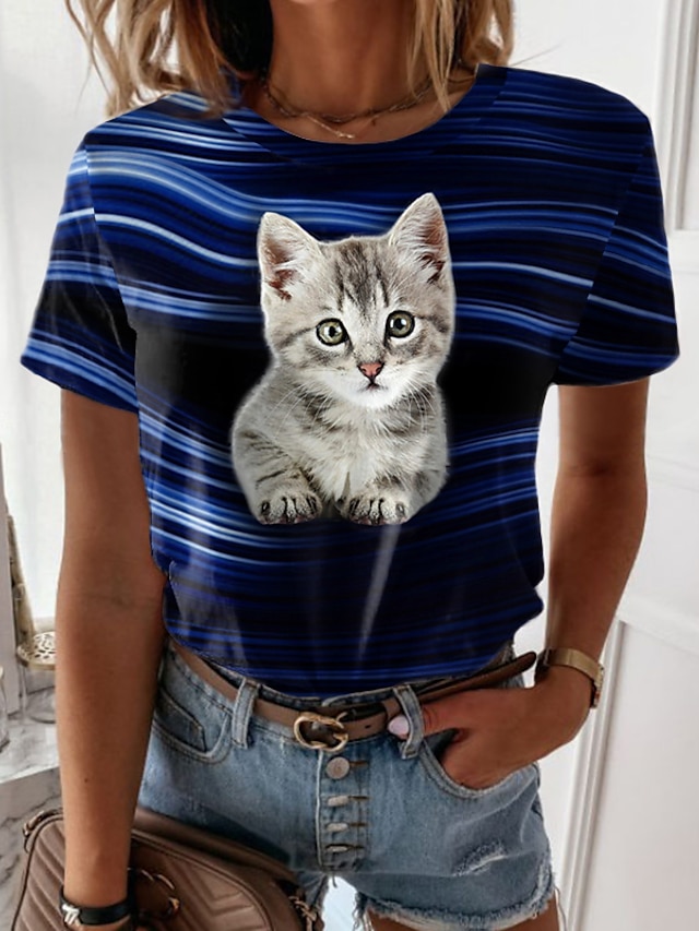  Women's 3D Cat Design T shirt Cat Graphic 3D Print Round Neck Basic Tops Green Blue Purple