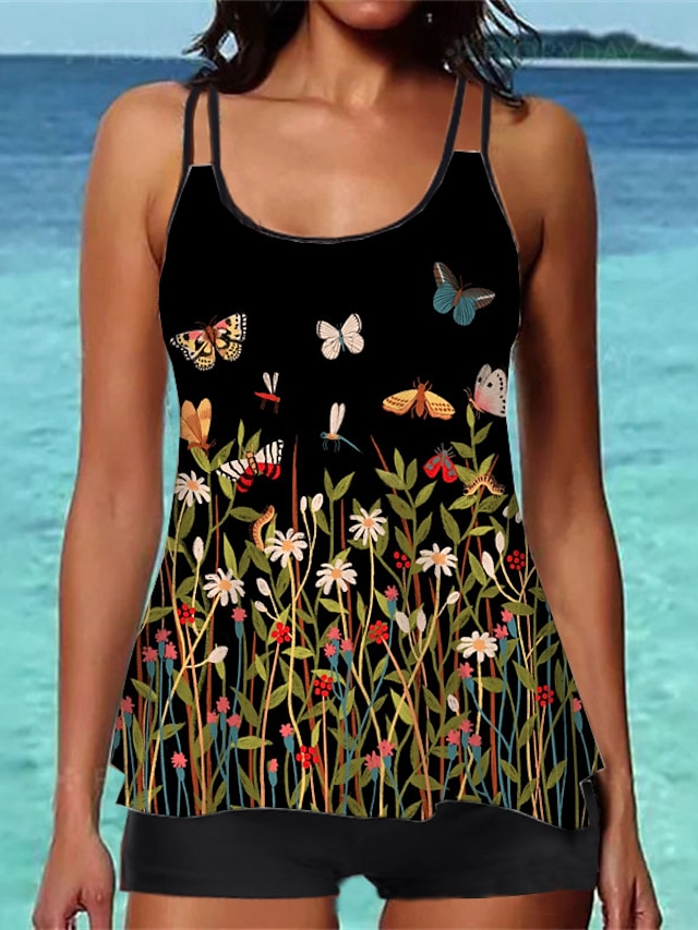 Womens Clothing Womens Swimwear | Womens Swimwear Tankini 2 Piece Normal Swimsuit Printing Butterfly Flower Black Camisole Strap