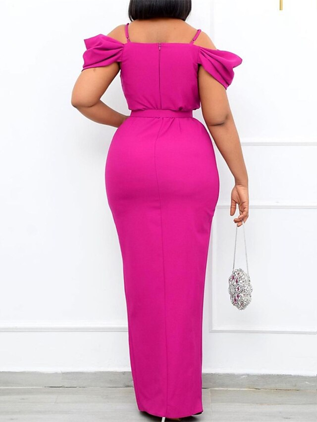 Womens Clothing Womens Dresses | Womens Bodycon Maxi long Dress Black Fuchsia Red Sleeveless Pure Color Backless Split Ruched Sp