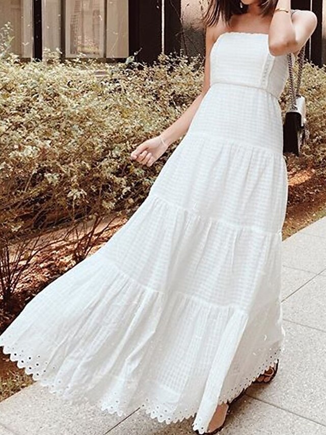 Womens Clothing Womens Dresses | Womens A Line Dress Maxi long Dress White Sleeveless Pure Color Ruffle Cold Shoulder Spring Sum