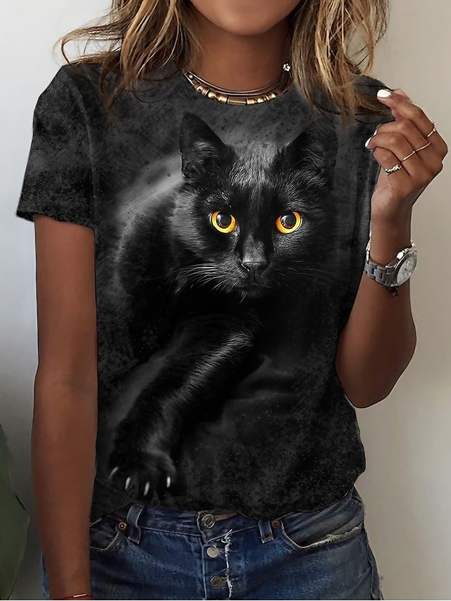  Women's 3D Cat Design T shirt Cat Graphic 3D Print Round Neck Basic Tops Black