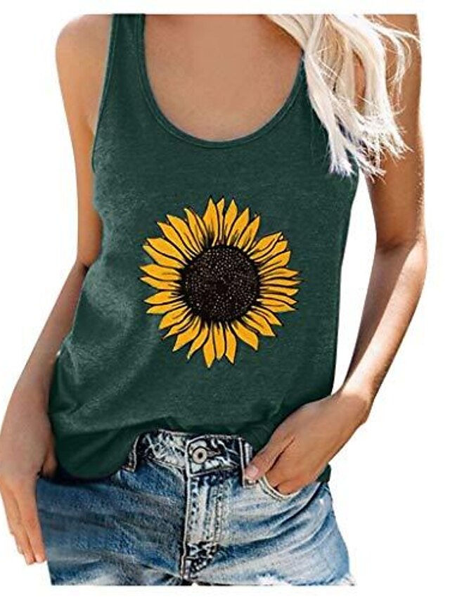  women tank tops, womens crop top fashion sunflower printed shirts sleeveless workout blouse comfortable tee