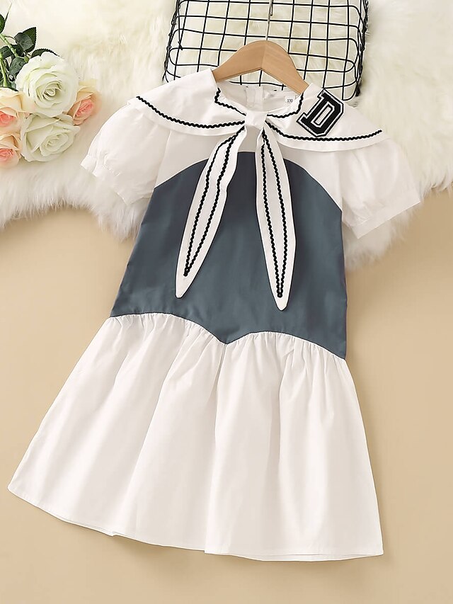 Baby & Kids Girls Clothing | Kids Little Girls Dress Letter A Line Dress School Daily Patchwork White Knee-length Short Sleeve P