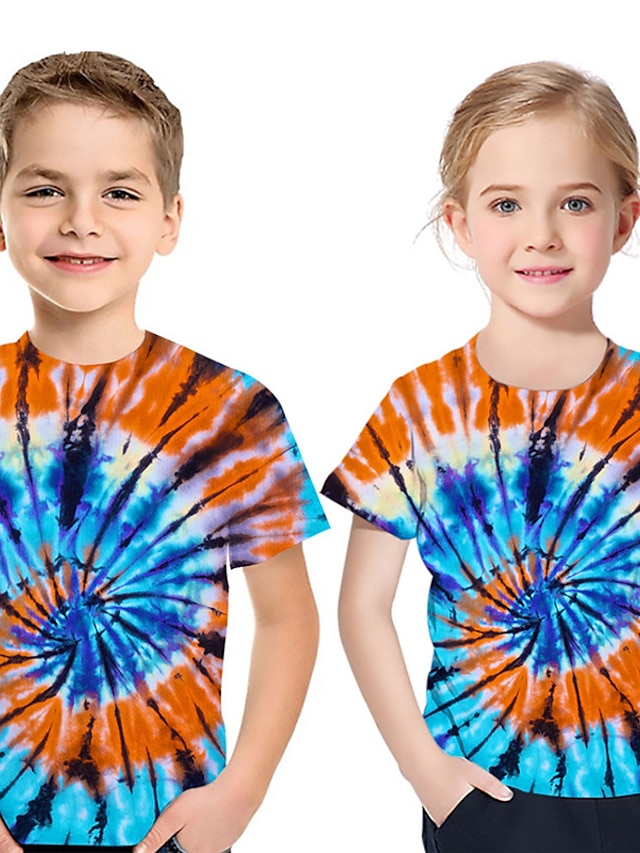  T-shirt Garçon Fille Enfants Manche Courte 3D effet Tie Dye Bleu Enfants Hauts Printemps Eté basique Le style mignon Extérieur du quotidien Standard 3-12 ans
