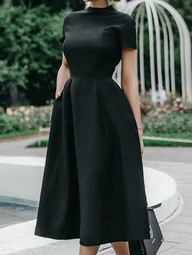 Womens Clothing Womens Dresses | Womens A Line Dress Midi Dress Black Short Sleeve Solid Color Zipper Fall Summer Round Neck Ele