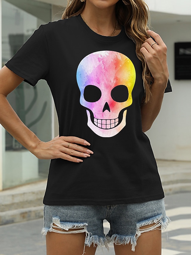 Womens Clothing Womens Tops | Womens Casual Going out T shirt Tee Graphic Skull Short Sleeve Print Round Neck Basic Tops 100% Co