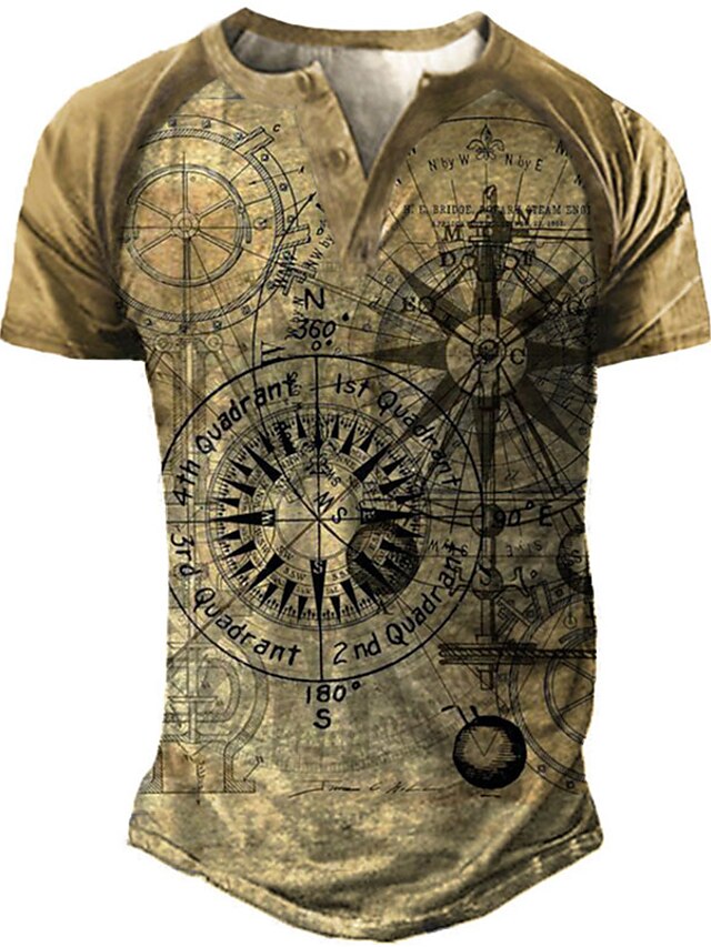  Men's Henley Shirt T shirt 3D Print Graphic Compass Henley Street Casual Button-Down Print Short Sleeve Tops Basic Fashion Classic Comfortable Green Gray Khaki / Sports / Summer