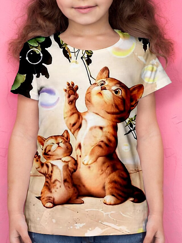  Girls' 3D Animal Cat T shirt Tee Short Sleeve 3D Print Summer Active Polyester Kids 4-12 Years School Daily Wear Regular Fit