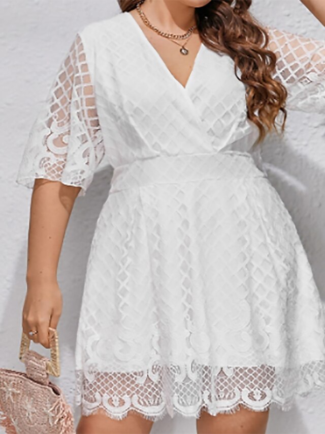 Womens Clothing Plus Size Collection | Womens Plus Size A Line Dress Solid Color V Neck Lace Short Sleeve Spring Summer Casual S