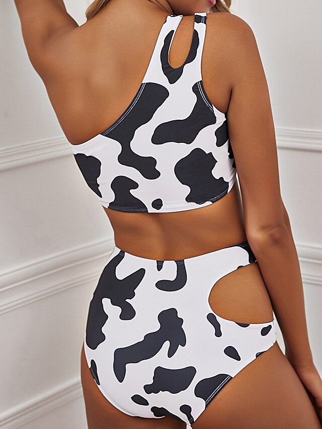 Womens Clothing Womens Swimwear | Womens Swimwear Bikini 2 Piece Normal Swimsuit Backless Printing High Waisted Hole Leaf Cow Pr