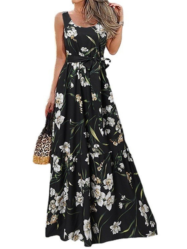 Womens Clothing Womens Dresses | Womens A Line Dress Maxi long Dress White Black Pink Red Sleeveless Floral Print Spring Summer 