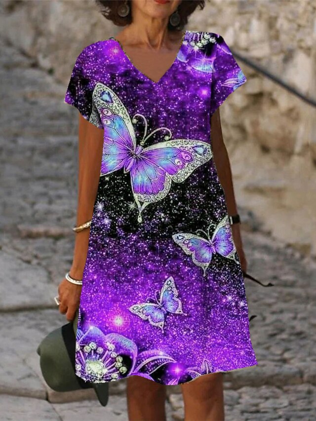 Womens Clothing Womens Dresses | Womens Shift Dress Knee Length Dress Purple Short Sleeve Butterfly Animal Print Spring Summer V