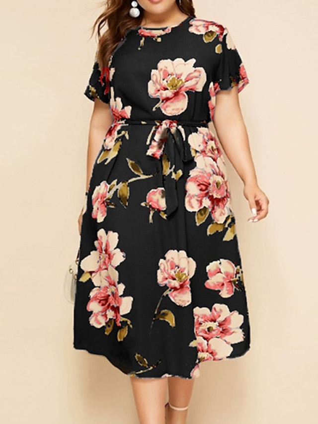 Womens Clothing Plus Size Collection | Womens Plus Size A Line Dress Floral Round Neck Print Short Sleeve Spring Summer Work Cas