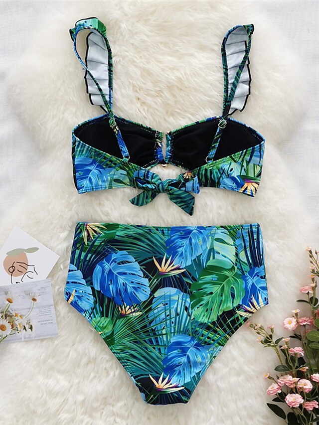 Womens Clothing Womens Swimwear | Womens Swimwear Bikini 2 Piece Normal Swimsuit Ruffle Open Back Printing Leaves Blue V Wire Ba