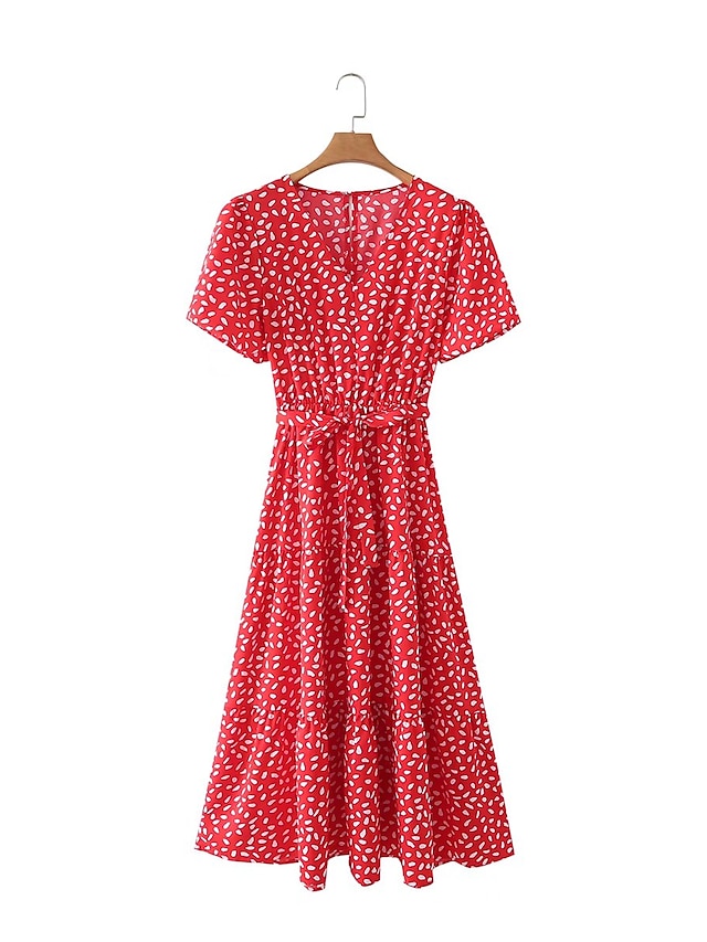 Womens Clothing Womens Dresses | Womens Sheath Dress Maxi long Dress Red Short Sleeve Polka Dot Paisley Lace up Spring Summer U 