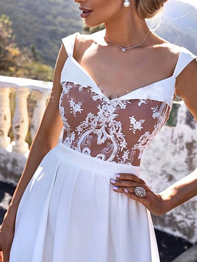 Womens Clothing Womens Dresses | Womens A Line Dress Maxi long Dress White Sleeveless Pure Color Split Lace Patchwork Summer V N