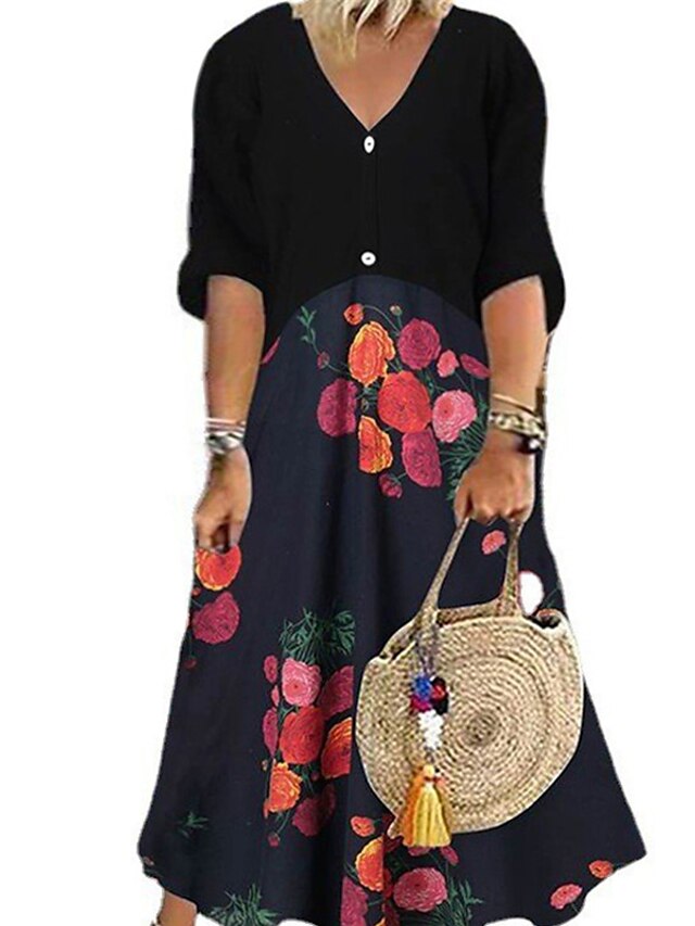 Womens Clothing Plus Size Collection | Womens Plus Size A Line Dress Floral V Neck Print 3/4 Length Sleeve Spring Summer Casual 