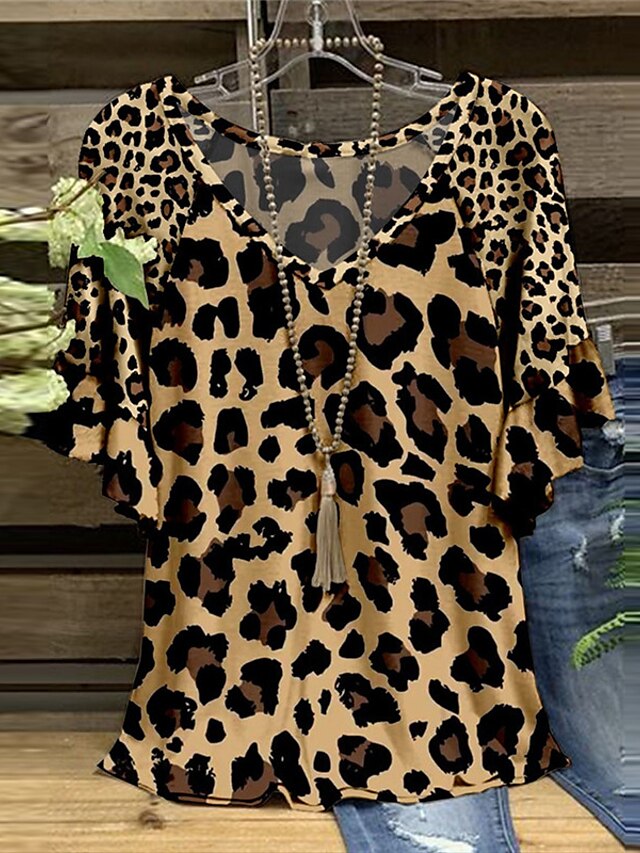 Womens Clothing Plus Size Collection | Womens Plus Size Tops T shirt Leopard Print Short Sleeve V Neck Streetwear Daily Going ou