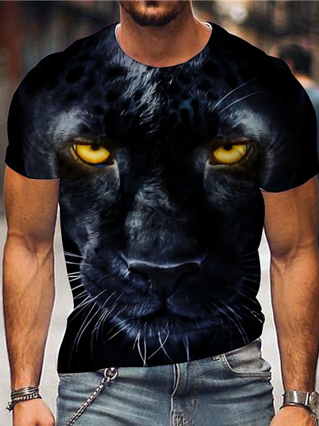  Leopard Casual Mens 3D Shirt | Black Summer Cotton | Tee Animal Graphic Prints Crew Neck Clothing Apparel 3D Outdoor Street Short Sleeve Sports Designer Big And