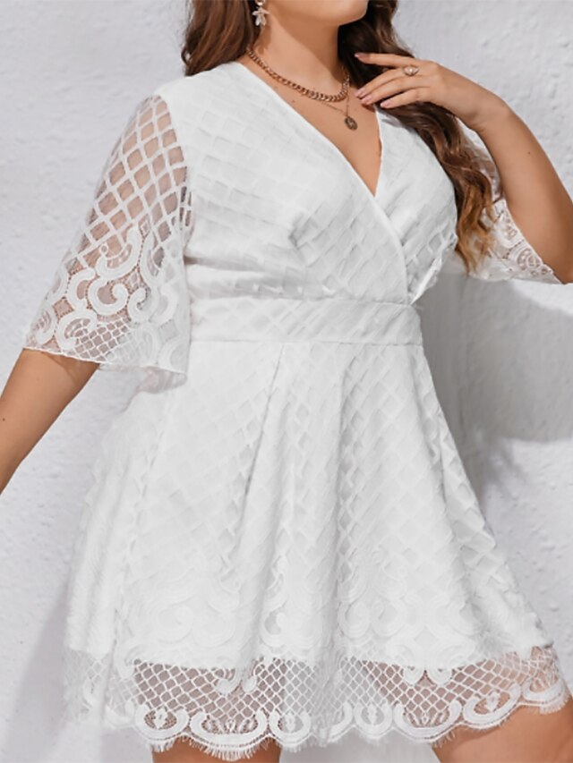 Womens Clothing Plus Size Collection | Womens Plus Size A Line Dress Solid Color V Neck Lace Short Sleeve Spring Summer Casual S