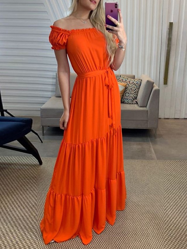 Womens Clothing Womens Dresses | Womens A Line Dress Maxi long Dress Orange Short Sleeve Pure Color Backless Spring Summer Off S