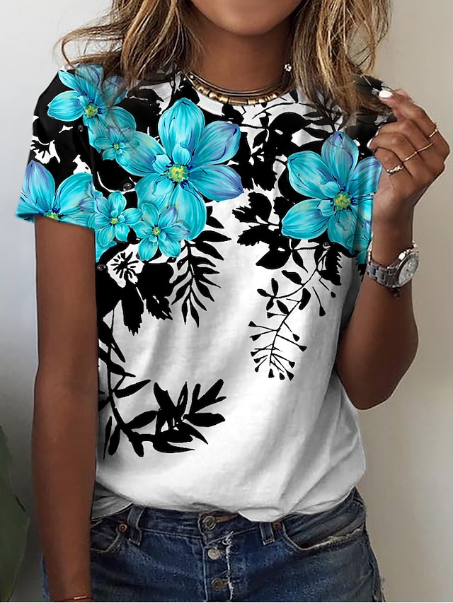  Women's Floral Design T shirt Floral Graphic Print Round Neck Basic Tops Blue Purple Pink / 3D Print