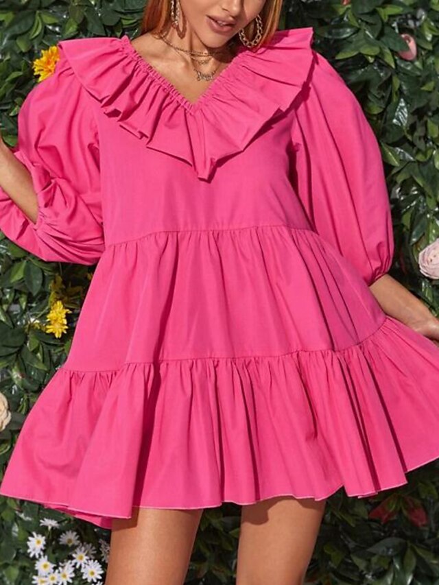 Womens Clothing Womens Dresses | Womens A Line Dress Short Mini Dress Fuchsia 3/4 Length Sleeve Pure Color Ruffle Patchwork Summ