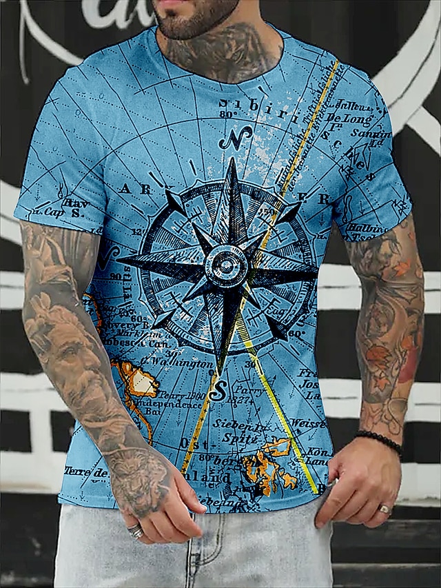 Men's T shirt Tee Tee Graphic Prints Compass Round Neck Green Blue Gray ...