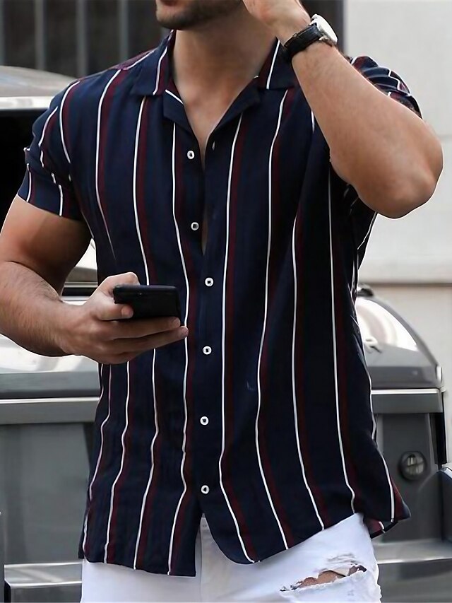  Men's Shirt Summer Short Sleeve Striped Turndown Street Casual Button-Down Clothing Clothes Casual Fashion Classic Army Green Gray Navy Blue