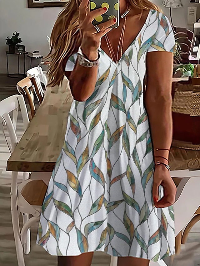 Womens Clothing Plus Size Collection | Womens Plus Size A Line Dress Print V Neck Ruched Short Sleeve Spring Summer Basic Casual