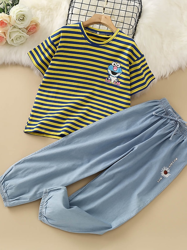 Baby & Kids Girls Clothing | Kids Girls Childrens Day T-shirt & Pants Pants Set Clothing Set 2 Pieces Short Sleeve Blue Stripe L