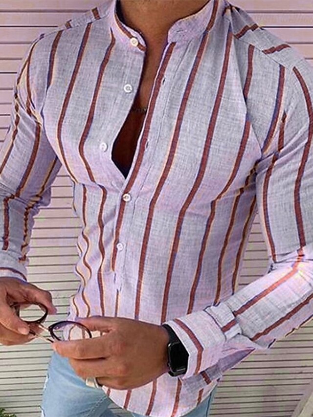 Mens Clothing Mens Shirts | Mens Shirt Striped Stand Collar Street Casual Button-Down Print Long Sleeve Tops Casual Fashion Brea