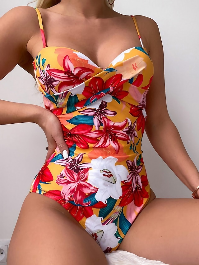  Women's Swimwear One Piece Monokini Normal Swimsuit Tummy Control Floral Print Yellow Padded Strap Bathing Suits Sports Vacation Sexy