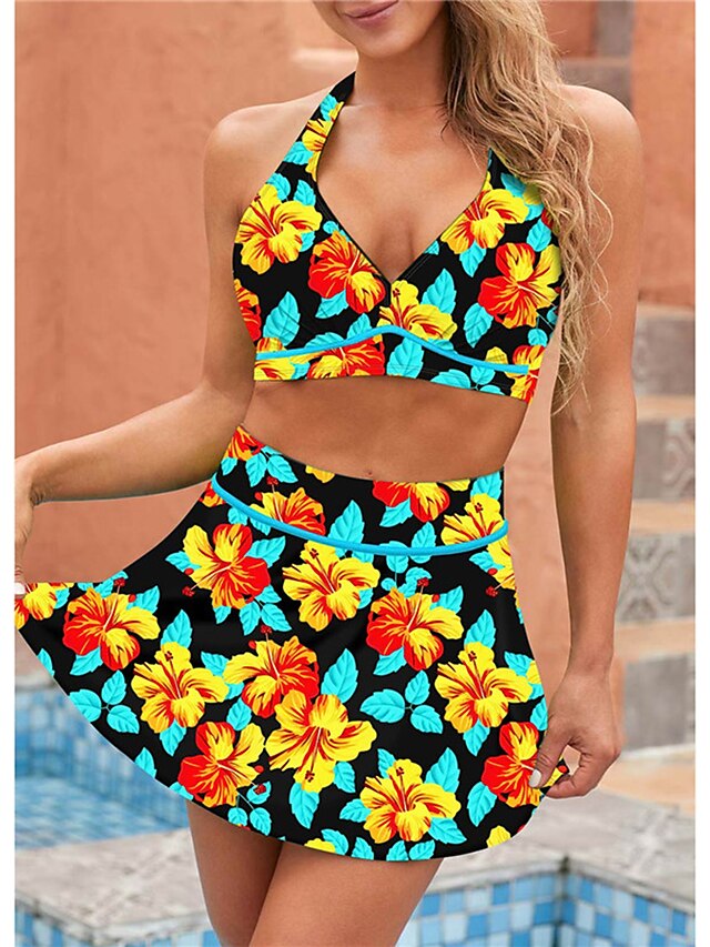 Womens Clothing Womens Swimwear | Womens Swimwear Bikini 2 Piece Plus Size Swimsuit Open Back Printing High Waisted Floral Print