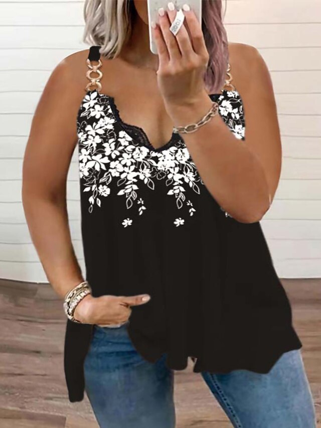 Womens Clothing Plus Size Collection | Womens Plus Size Tops T shirt Floral Lace Print Sleeveless V Neck Sexy Streetwear Daily V