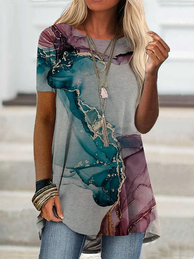 Women's Tunic T Shirt Tie Dye Tunic Basic Short Sleeve Round Neck Long Tops Daily Print Light Green Spring, Fall, Winter, Summer2