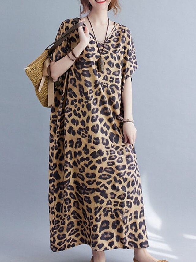 Womens Clothing Womens Dresses | Womens Shift Dress Maxi long Dress Brown Short Sleeve Leopard Print Spring Summer V Neck Stylis