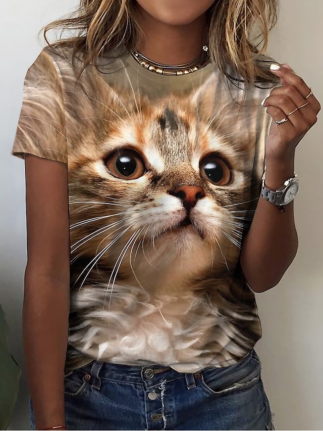 Women's T shirt Tee Cat 3D Casual Weekend Brown Print Short Sleeve ...