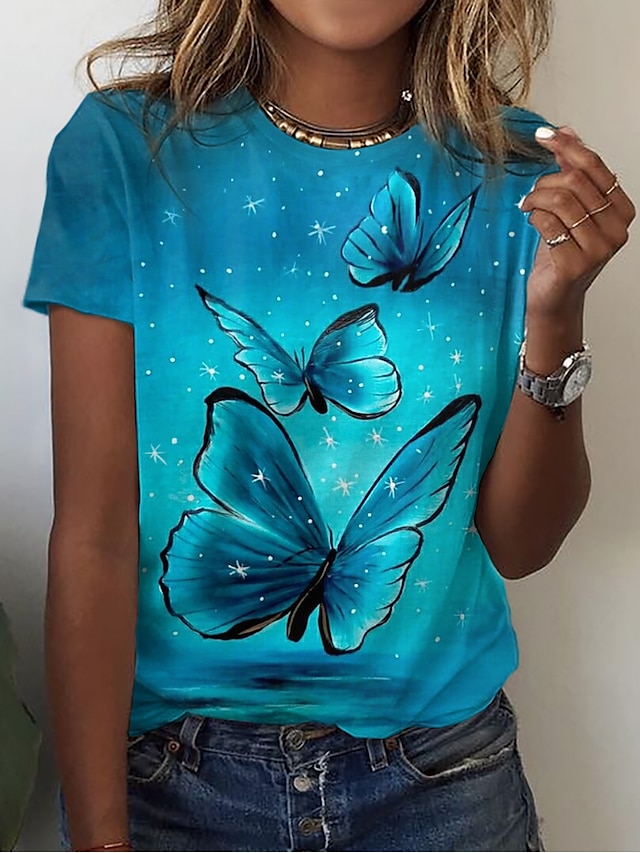  Women's T shirt Tee Butterfly Casual Weekend Butterfly Painting Short Sleeve T shirt Tee Round Neck Print Basic Essential Green Blue Royal Blue S / 3D Print