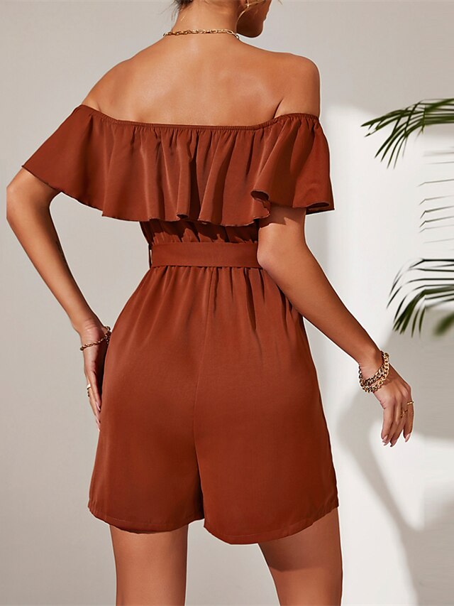 Womens Clothing Womens Jumpsuits & Rompers | Womens Romper High Waist Lace up Solid Color Off Shoulder Casual Street Daily Regul