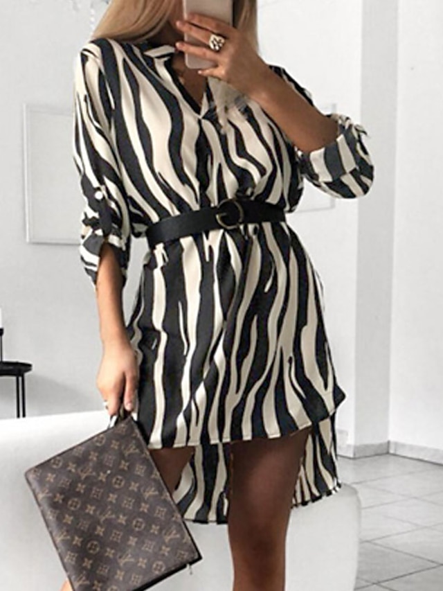 Womens Clothing Womens Dresses | Womens Shift Dress Short Mini Dress White Black Yellow Khaki Dark Gray Beige Long Sleeve Stripe